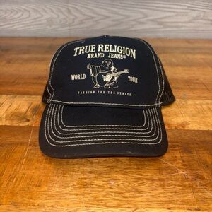 True Religion Hat Cap Snap Back One Size Black Buddha World Tour Trucker